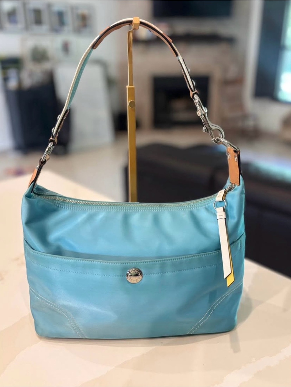 Coach Light Blue Leather Shoulder Bag with Tan Accents